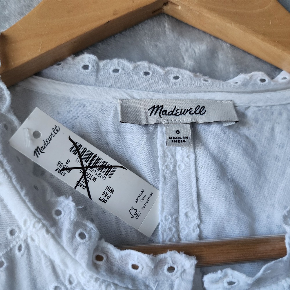 Madewell Dress Size 8 Eyelet Lace Flutter White Cotton Pockets Voile Mini NWT - Picture 6 of 12